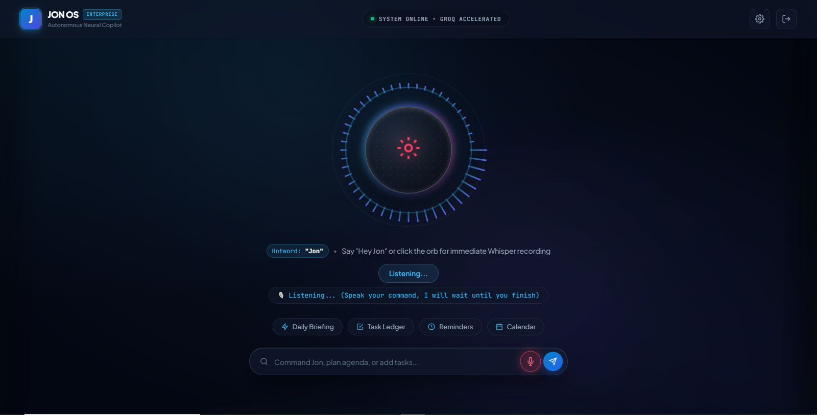 Autonomous Neural Copilot (JON OS) — 01 Cyber-Glass Command HUD